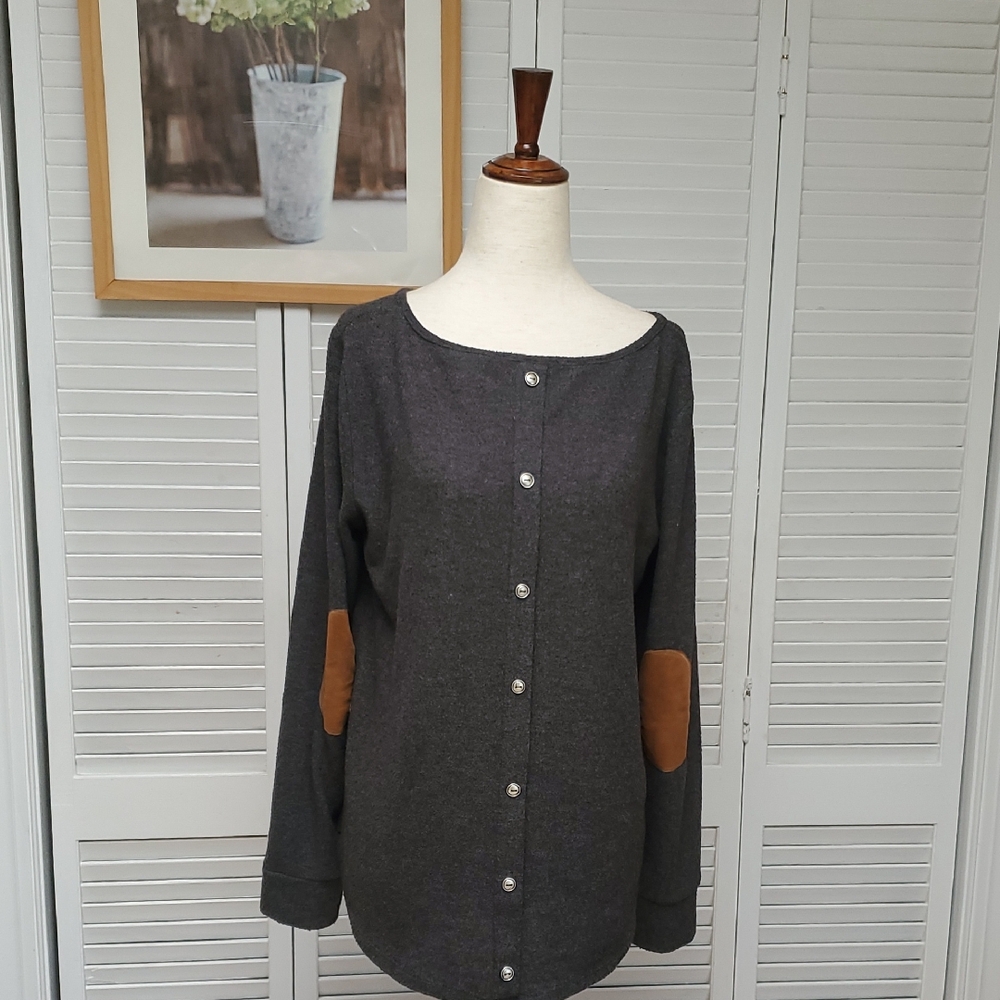 Pink Clover Charcoal Back Button-Down Shirt with Tan Elbow Patches Size M